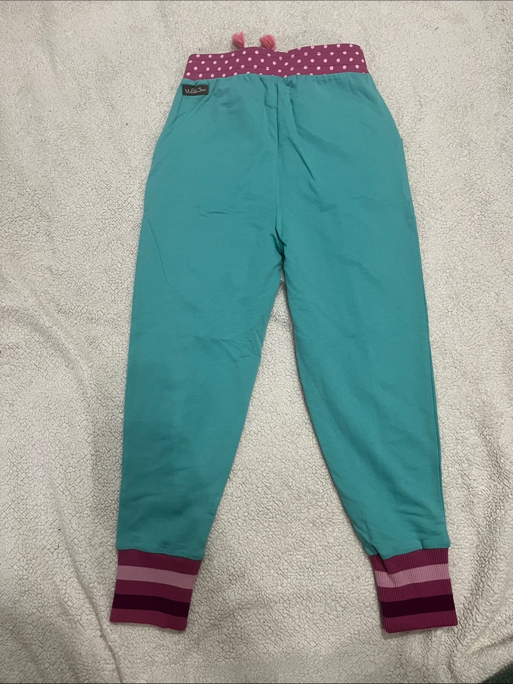 Matilda Jane Teal Joggers with Pink Polka-Dot Waistband and Pink Stripe Cuffs